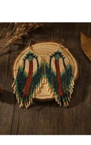 Tribal Earrings Native Large Boho American Seed Beads Handmade Earring - Picture 1 of 3