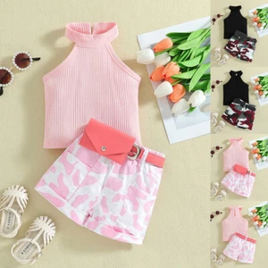Baby Girls Sleeveless Tank Top Shorts Belly Bag Set Summer Outfit Kids Clothes - Picture 1 of 17