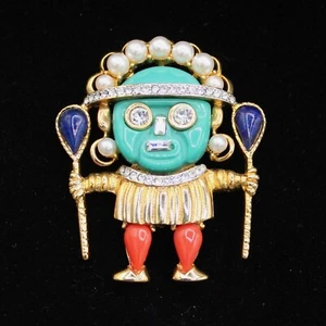 KJL Kenneth Jay Lane Vintage Kachina Aztec Warrior Brooch Gold Tone 1980s - Picture 1 of 6