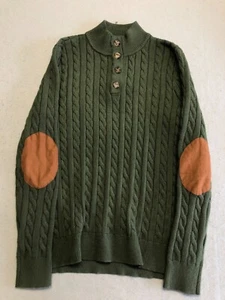 JMIERR Pullover Herren Medium Zopfmuster Stehkragen Knopf Preppy Ellenbogen Patch - Bild 1 von 5