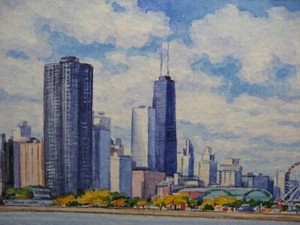 Watercolor Painting Chicago City Downtown Panorama Lake Michigan ACEO Art - Picture 1 of 2