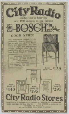 Vintage 1928 BOSCH All-Electric Radio Newspaper Print Ad - Image 1 of 3