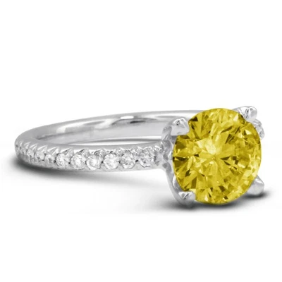Anillo clásico de diamantes laterales con certificado natural corte redondo VS2 amarillo de 1 quilate Foto 1 de 4