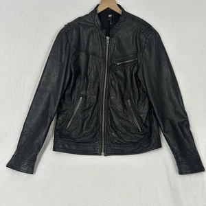 H&M Black Leather Men Motorcycle Jacket Size 44 - Picture 1 of 15