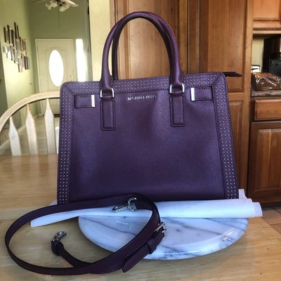 Michael Kors  Burgundy Wine  Saffiano Satchel Strap  13X9  Structured EUC Silver - Image 1 of 4