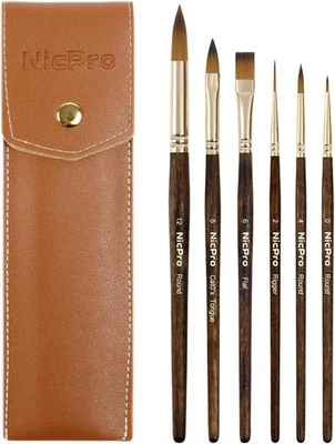 Nicpro Travel Watercolor Brushes Set, 6Pcs Kolinsky Sable Performance Paint Brus - Image 1 of 4