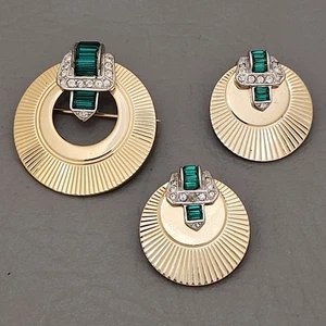 Conjunto de pendientes broche clip Marcel Boucher de colección Art Deco renacimiento pedrería verde - Imagen 1 de 17