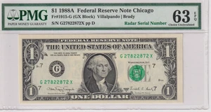 **RADAR Serial* Fr 1915-G 1988A $1 FRN G27822872X PMG 63EPQ CHICAGO GREEN 1988-A - Picture 1 of 2