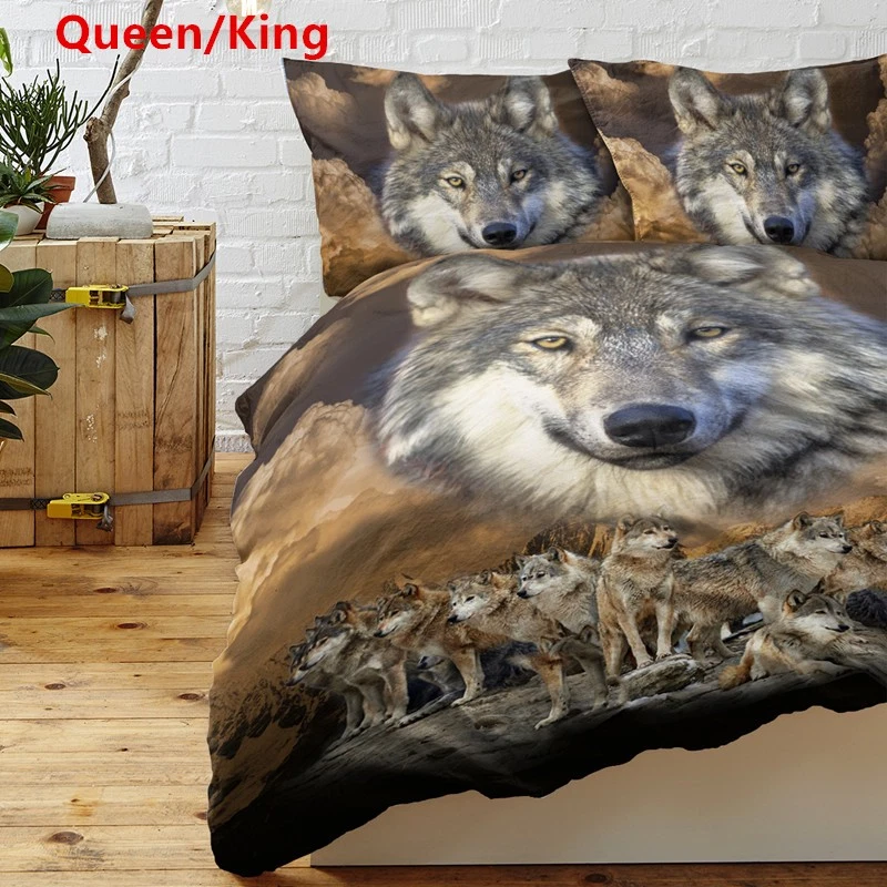 3PCS Queen King Size Duvet Cover Set Indian Native Theme Wolf Soft Bedding Set - Image 1 of 4