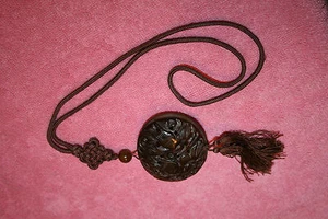 Vintage Matching Brown Carved Jade Oval Shape with Phoenix Birds on Necklace - Picture 1 of 5