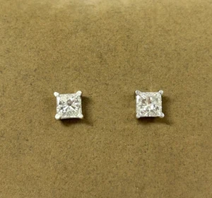 14K WHITE GOLD 1.5 CT TW PRINCESS-CUT NATURAL DIAMOND SOLITAIRE STUD EARRINGS - Picture 1 of 24