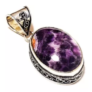 Amethyst Lace Agate Oval Gemstone 925 Silver Antique Handmade Engraved Pendant - Picture 1 of 3