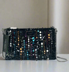Kate Spade Nova Fringe Embellished Clutch Crossbody Black Chain Strap Rare - Picture 1 of 11