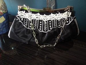 KAREN MILLEN VINTAGE BLACK SILK LACE & PEARLS EVENING BAG MINT! - Picture 1 of 3