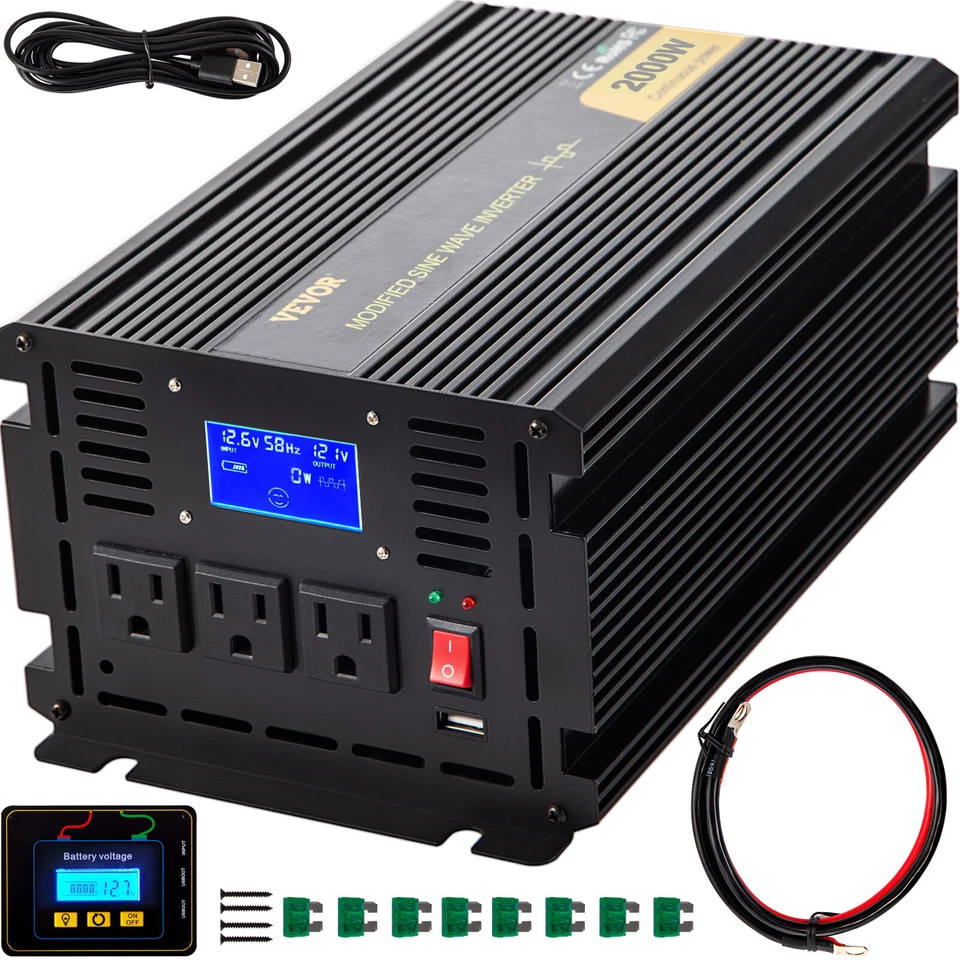 VEVOR Power Inverter Modified Sine Wave Inverter 2000W DC 12V to AC 120V w/LCD - image 1 of 4