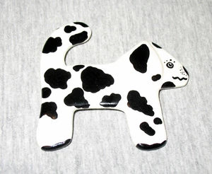 Whimsical Handmade Porcelain Black & White Dog Pin 2.75", Signed - Picture 1 of 2
