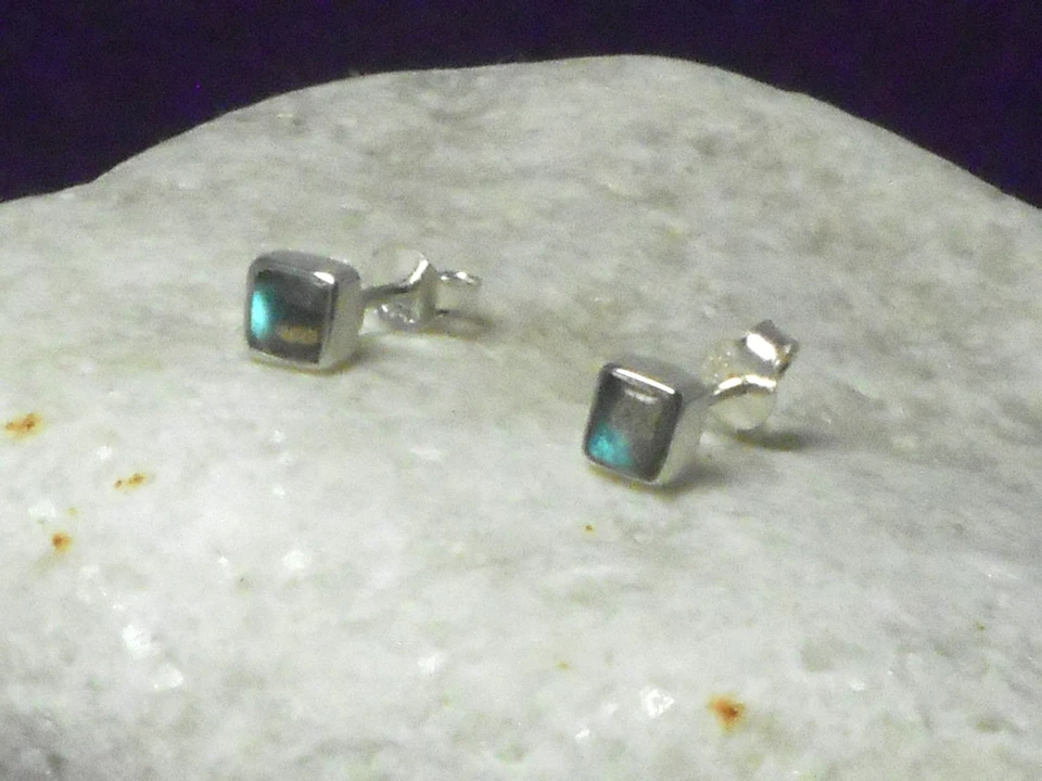 Square Labradorite  Sterling  Silver  925  Gemstone Stud Earrings - 4 mm - Image 1 of 4