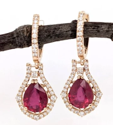 1.95ct Natural round diamond 14K BIS Hallmarked yellow gold ruby Earrings - Image 1 of 4