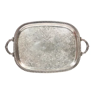 Mid 20th Century Silver Plate Metal Footed Tray With Handles - Picture 1 of 10