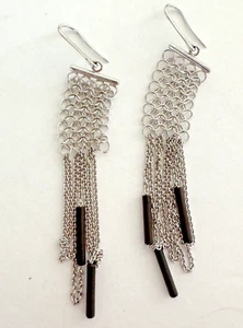 Emporio Armani Ohrringe Sterlingsilber Kettenhemd lang baumelnd schwarz Stäbe signiert - Bild 1 von 5