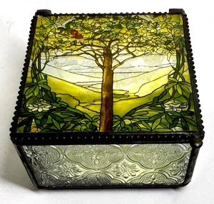 Tiffany Stil Lebensbaum Glas Schmuckschatulle Jugendstil Klappdeckel verspiegelt - Bild 1 von 10