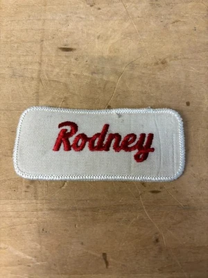 Vtg 70s RODNEY Sew On Embroidered Clothing Jacket Uniform Name Patch RED & WHITE - Image 1 of 3