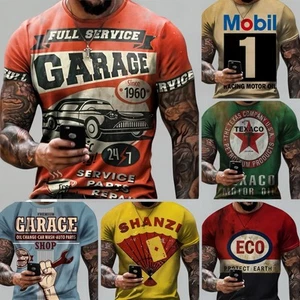 Mens Vintage Racing Shirt Distressed Oil Mechanic Short Sleeve Cotton Summer Top - Picture 1 of 18