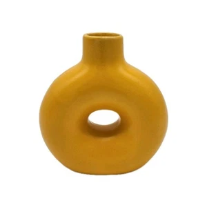 Vintage Yellow Ceramic Donut Hole Flower Bud Vase Retro MCM Style 4.75" Mustard - Picture 1 of 10