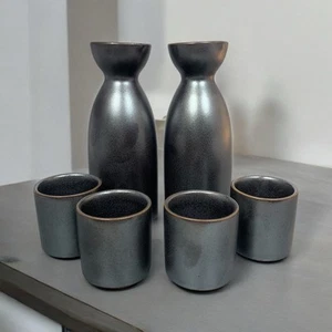 Japanese Miya Sake Pitcher Glazed Ceramic & Cups Japan Qty 6 - Picture 1 of 18