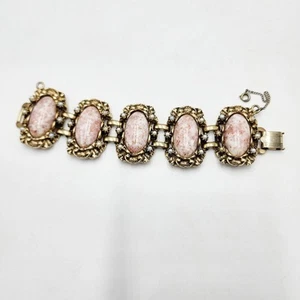 Bracciale Largo Selini Vintage Anticato Tono Oro Pietre Rosa Non Firmato - Foto 1 di 10