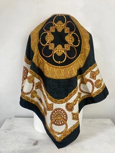 Vintage C&A Neck Scarf Head Scarf Black Gold Baroque 80s Large Square Shape - Picture 1 of 6
