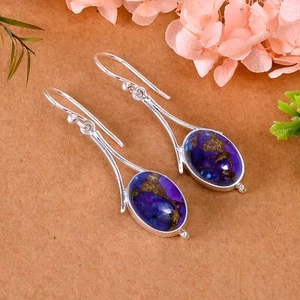 Copper Purple Turquoise Gemstone 925 Sterling Silver Earring, Women Earring - Picture 1 of 4