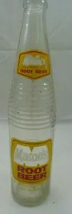 Vintage Mason's Root Beer Soda Pop Glas gerippte Flasche rot gelb - Bild 1 von 5