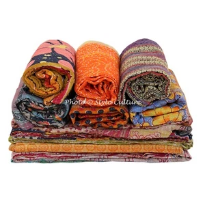20 Pcs Lot Art Kantha Single Quilt Bengali Reversible Blanket Cotton Bohemian - Picture 1 of 5