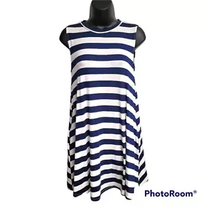 Elan Navy Blue And White Stripe Sleeveless Swing Mini Dress With Pockets Size S - Picture 1 of 7
