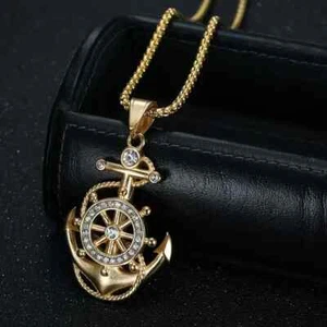 EDELSTAHL MARINE ANKER HIP HOP CZ EIS ANHÄNGER & 24" ROLO KETTE HALSKETTE - Bild 1 von 13