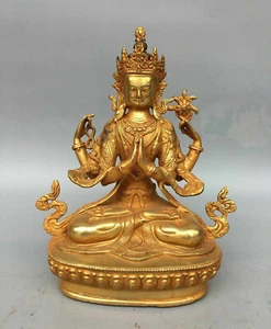 old temple Tibetan Buddhism bronze gilt Chenrezig Kwan-yin 4arms Tara statue - Picture 1 of 7