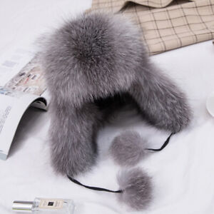 Women's Real Fox Fur Hat Russian Ushanka Warm Aviator Trapper Hunter Hat Ski Cap