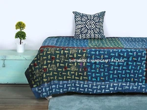 Indigo Cotton Kantha Quilt Twin Reversible Floral Bed Spread Bedding Coverlet - Picture 1 of 3