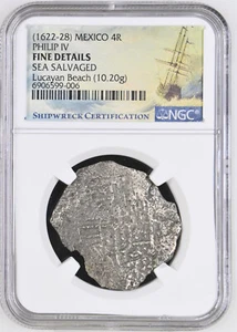 1622-28 Philip IV Mexico Silver 4 Reales Lucayan Beach Pirate Shipwreck NGC Fine - Picture 1 of 2