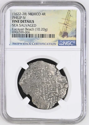 1622-28 Philip IV Mexico Silver 4 Reales Lucayan Beach Pirate Shipwreck NGC Fine - Image 1 of 2