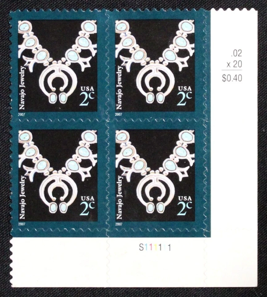 US Plate Blocks Stamps #3753 ~ 2007 2c Navajo Necklace, micro print MH SA RL56 - Image 1 of 1