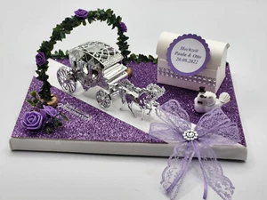 Geldgeschenk mit Namen lila Kutsche Rosenbogen Glückwunschkarte Hochzeit Trauung - Bild 1 von 2