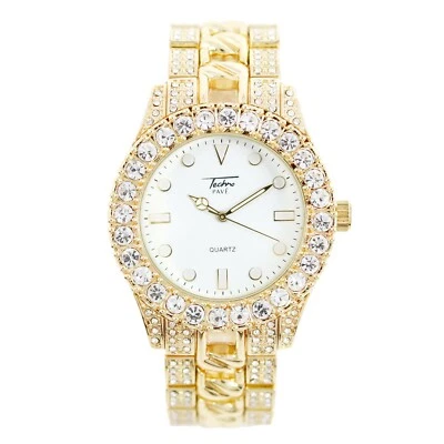 Men Ice Solitaire Watch Bling Rapper Simulate Diamond Gold Hip Luxury Wedding - Image 1 of 4