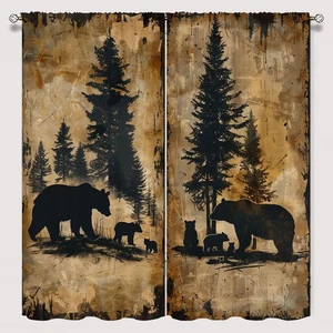 Rustic Bear Window Curtains for Kid Girls Boys Bedroom, Vintage Cabin Wildlif... - Foto 1 di 6