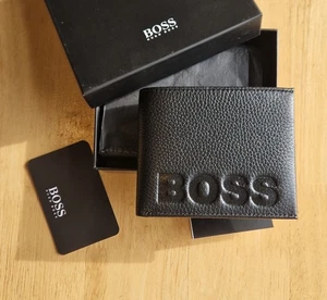 Men’s Hugo Boss Black Grained Leather Wallet with Coin Pocket – Emboss Logo - Picture 1 of 9