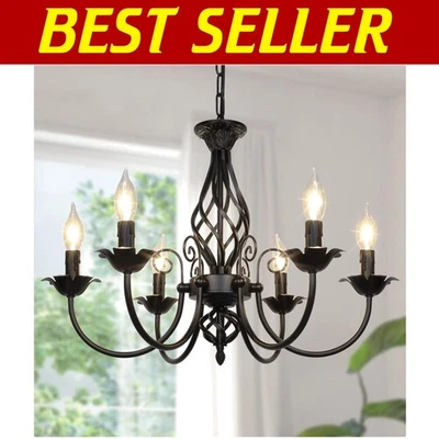 Matte Black 6-Light Ceiling Chandelier - Cozy Rustic Industrial Lighting Design - Image 1 of 4