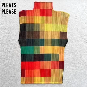 PLEATS PLEASE ISSEY MIYAKE Colorful Mosaic Sleeveless Mock Neck Top Multicolor - Picture 1 of 5