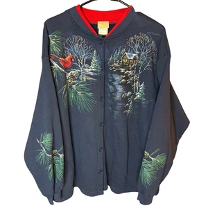 Artisans Vintage Women Cardinal Winter Cabin Scene Button Up Cardigan L - Picture 1 of 7