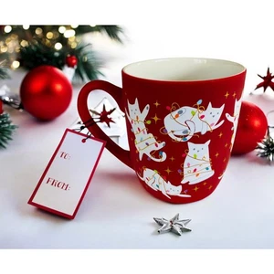 NEW Peppermint & Pine White Cats Christmas Lights 18oz Satin Red Coffee Tea Mug - Picture 1 of 3